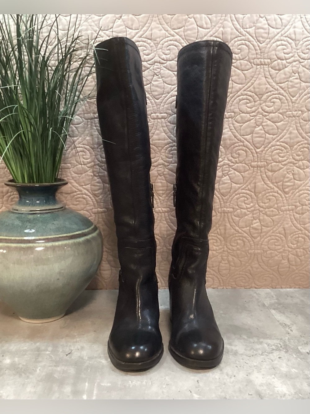 Black Leather Boots Sz 6 1/2 Franco Sarto Tall block heel Riding Moto western